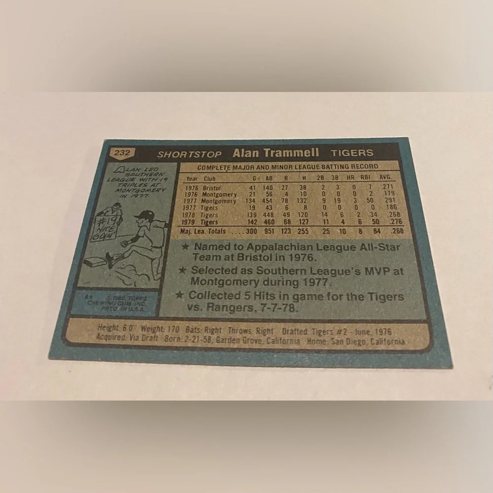 Alan Trammell 1980 Topps Baseball Card # 232 Vintage Collectible Detroit Tigers